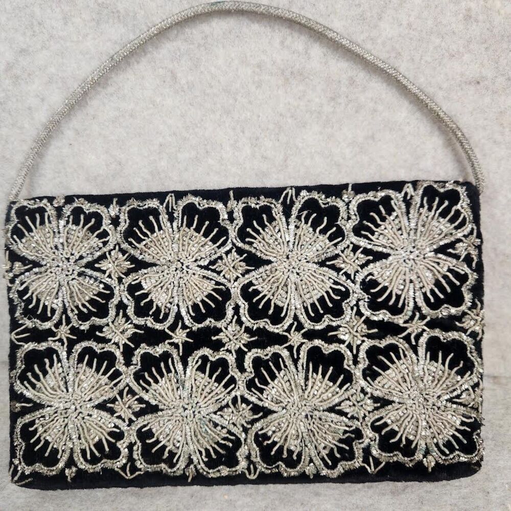 Vtg Zardozi Beaded Clutch Black/Silver Embroidery India Evening Bag